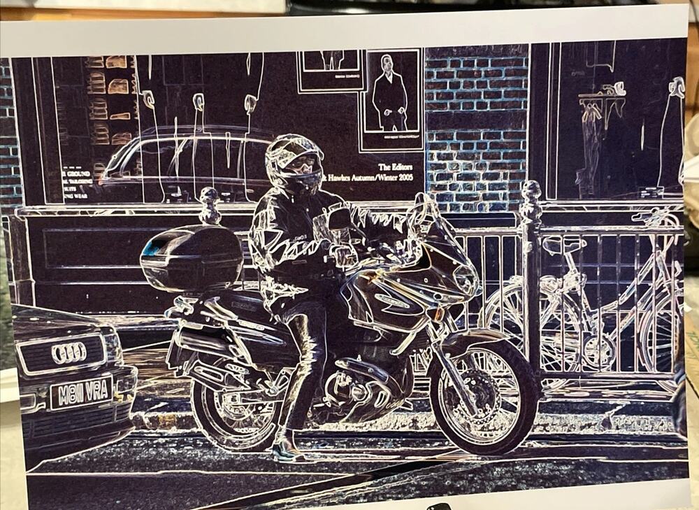 Abstract Semi glossy photo of Street Scene Motorcycle And Rider..8.25x11”
